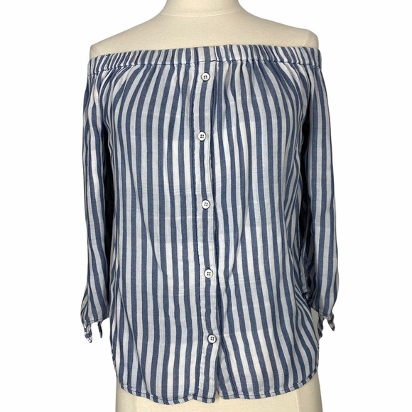 ANTHROPOLOGIE Cloth & Stone Off the Shoulder Striped Tencel Top - Picture 1 of 6